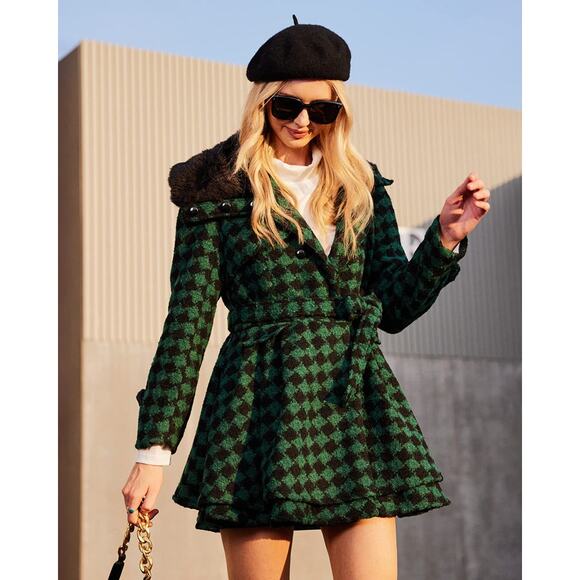 zeagoo Green Houndstooth Faux Fur Lapel Double-Breasted Long Coat Women’s 2XL - Picture 1 of 9